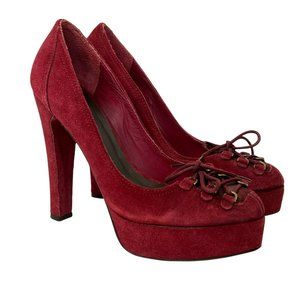 JOIE Red Suede Leather Lace Up Block High Heel Platform Pumps Heels 38 Y2K 90's
